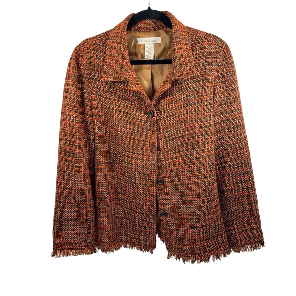 Clothes Brand Ladies Wool Blend Tweed Fringe Hem Jacket Size XL Fall Colors